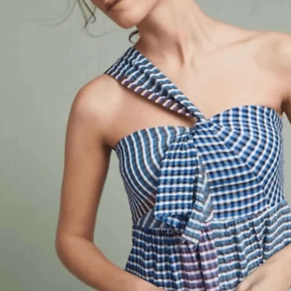 Anthropologie Maeve Waverly Plaid Gingham One Shoulder Asymmetric Dress Size 16
